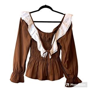 Femme French Style Women's Soft Preppy Ruffled Cinched Romantic Top - Size M